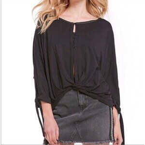 Free People "Keepin On" Tee Black Twist Front Tie Sleeves Flowy Top Women Size M